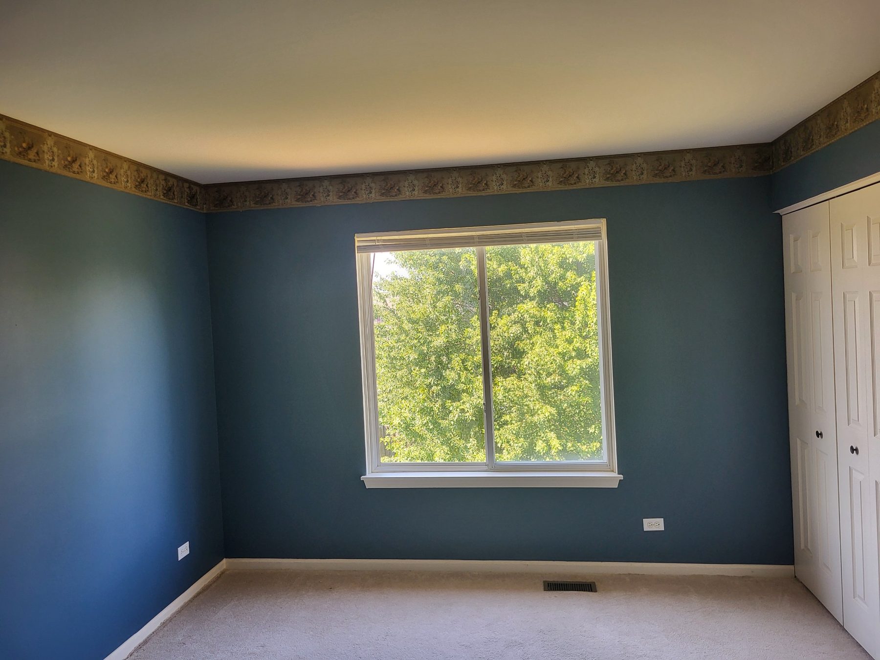 Second bedroom with a large window overlooking mature trees and a double-door closet.